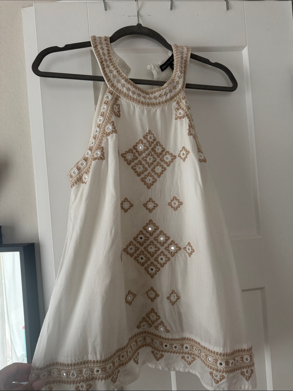 Saks Fifth Avenue Cream Halter Dress with Tan Embroidery